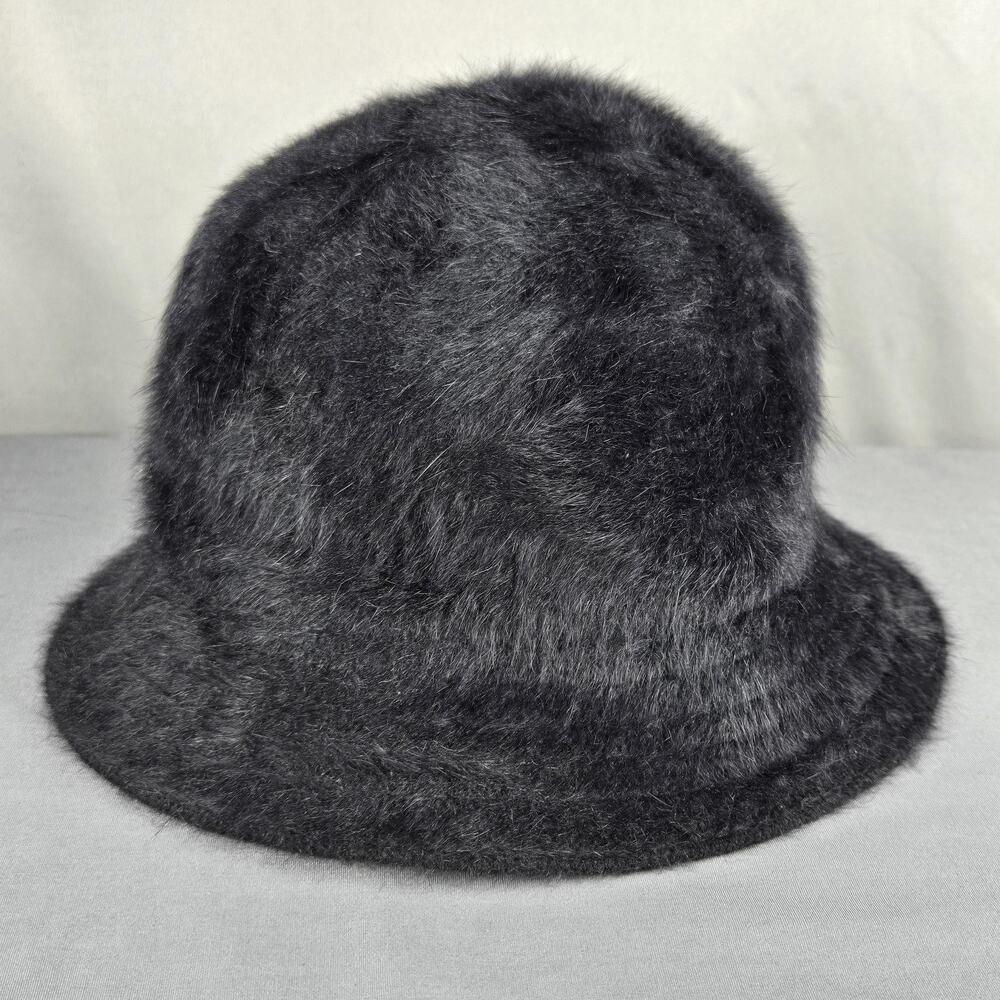 Vtg Black Angora Bucket Hat Fuzzy Wool Blend Cloche Winter Cap Y2K Soft Warm OS